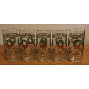 Christmas Tumblers Holiday 16 oz Set of 5 Indiana Glass Wreath Christmas Glass